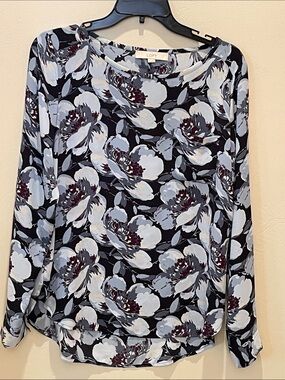 LOFT Navy and Light Blue Floral Long-Sleeve Blouse